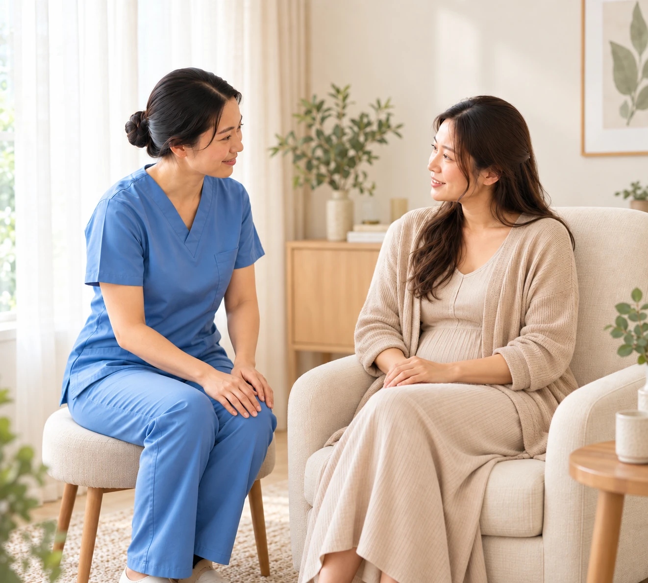 Mẹ thư giãn trên ghế và trò chuyện cùng chuyên viên trong không gian chăm sóc.